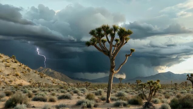 Dramatic 4K time-lapse capturing dark monsoon storm clouds rolling over the arid Mojave Desert landscape with a solitary Joshua tree framed against sudden rainfall and shifting atmospheric light