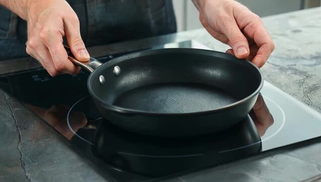 Modern 4K culinary asset capturing a chef placing a heavy matte black cast-iron skillet onto a sleek highly reflective black glass induction cooktop surface in a designer kitchen