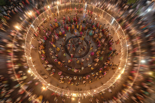 Aerial shot of a large Garba circle dance with decorative lights and motion blur.
