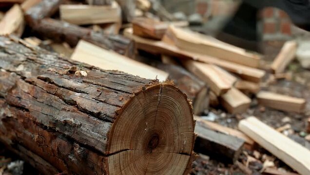 Rugged 4K countryside stock video showing a heavy steel axe lodged firmly into a timber chopping block beside a neat pile of split firewood representing traditional winter heating and rural forest