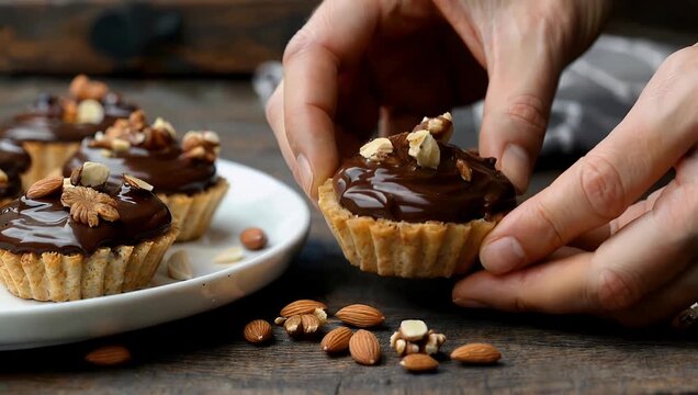 Gourmet 4K dessert display showcasing a collection of traditional French chocolate Amandine tarts artistically arranged on a banquet table alongside whole raw walnuts and shelled almonds