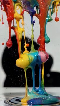 Vibrant 4K abstract art stock video capturing swirling liquid paint infused with shimmering particles that form organic fluid patterns slow-motion drips and glistening highlights for creative