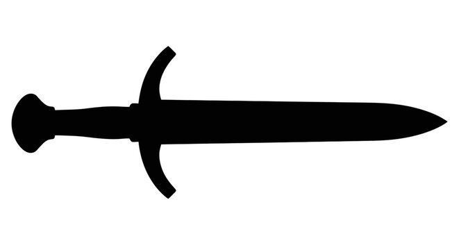 A medieval sword with a curved hilt is shown in silhouette