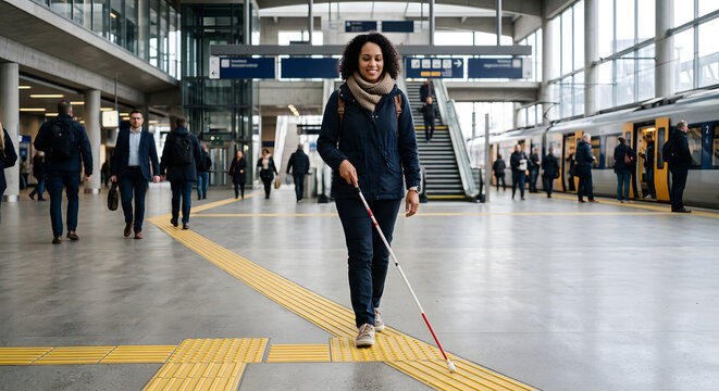 Sehbehinderte Person orientiert sich mit einem Blindenstock im Nahverkehr