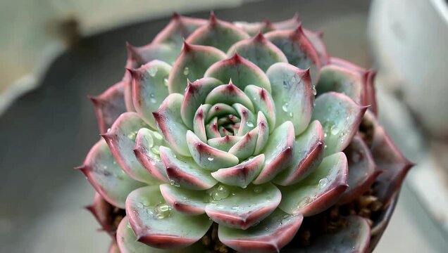 Elegant 4K Ultra HD top-down macro shot of an Echeveria succulent plant slowly rotating with delicate water droplets on its leaves showcasing the natural Fibonacci golden spiral pattern for