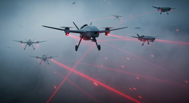 Agile combat drones weaving through low fog, tracer beams cutting the haze