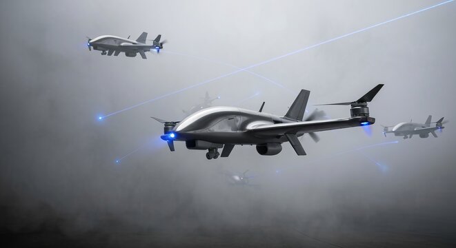 Agile combat drones weaving through low fog, tracer beams cutting the haze