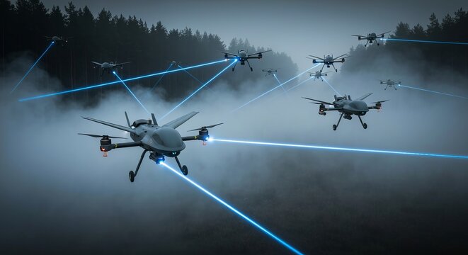 Agile combat drones weaving through low fog, tracer beams cutting the haze
