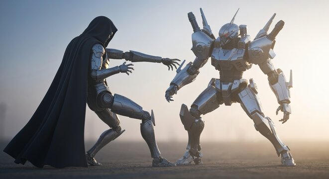 Cloaked automaton grappling with a sleek military robot beneath ghostly morning haze