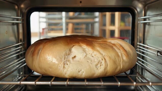 Fascinating 4K slow-motion bakery footage showing artisanal bread rising inside a hot oven capturing steam expansion crust browning and the satisfying transformation from raw dough to baked loaf