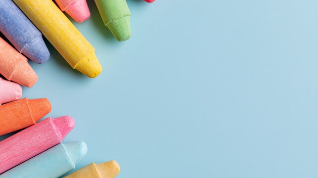 Colorful chunky crayons framing a pastel blue background with generous copy space, playful art and education banner