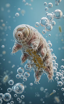 Tardigrade Water Bear Under Microscope with Floating Bubbles