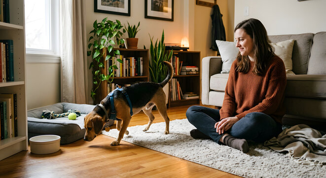 Neue Tierhalterin hilft einem adoptierten Hund bei der Eingew&ouml;hnung