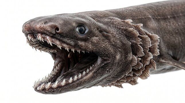 Close-up of a frilled shark head with open mouth in a natural setting
