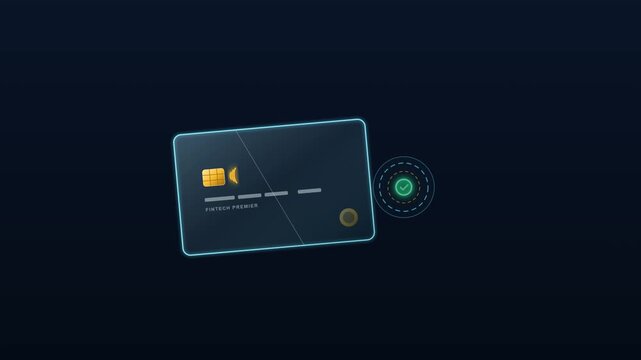 Premium glassmorphic credit card wireless NFC payment and cashback reward motion graphic featuring glass card approach, electromagnetic wireless wave scan, gold-to-emerald verification, and cashback.