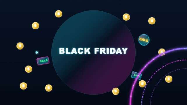 Premium Black Friday motion graphic featuring a magenta-cyan rotating neon portal with centered BLACK FRIDAY typography, complemented by floating 2.5D gold dollar coins and neon SALE discount bad