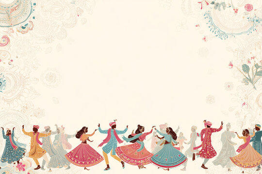 Vector dandiya celebration illustration with floral motifs and central text space.
