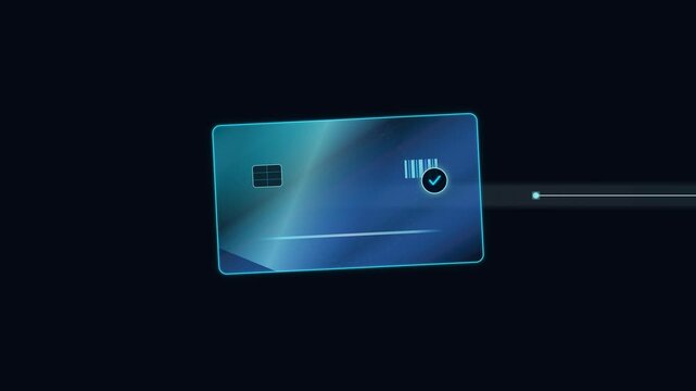 Premium holographic gift card digital scanning animation featuring an overscan horizontal cyan laser scanner, soft rounded laser tips, localized glow containment.