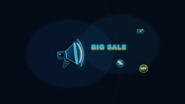 Premium glassmorphic neon megaphone where expanding sound wave amplitudes physically drive the progressive growth and scaling of the BIG SALE typography, triggering reactive floating discount icon.