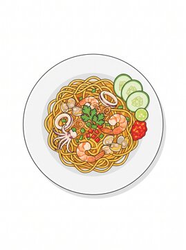An overhead vector illustration depicts a serving of Indonesian seafood mie goreng mixed with various seafood
