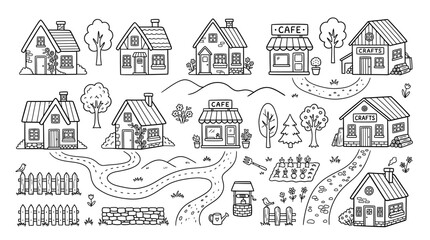 Obraz premium Collection of charming hand-drawn houses, shops, and elements for a village illustration.
