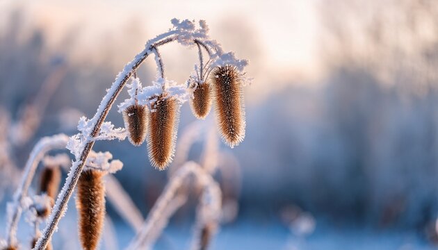 Close Up Of Dried Plant Stems And Seed Pods Covered With Snow And Frost In A Winter Landscape