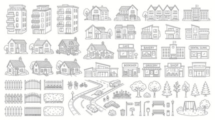 Obraz premium Collection of Hand-Drawn Buildings and Architectural Elements for Urban and Suburban Scenes.