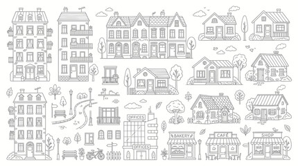 Obraz premium Collection of hand-drawn line art illustrations of various buildings and houses.