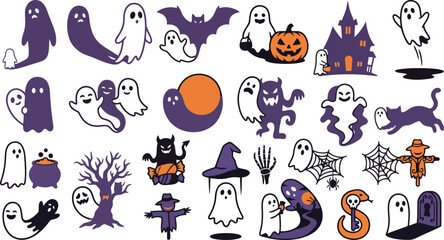 Fototapeta premium Cute Halloween Ghost and Spooky Purple Shadow Sticker Collection Isolated on White Background