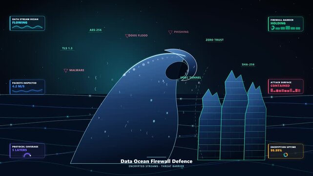 Shimmering Data Wave Crashing Against a Firewall Shore with Threat Labels