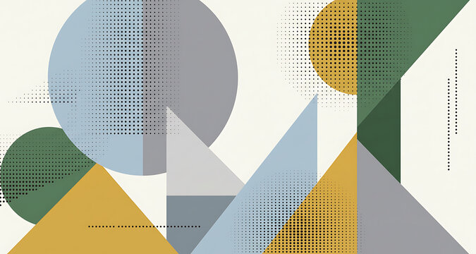 Mid century modern geometric composition with circles triangles and halftone dots in muted tones