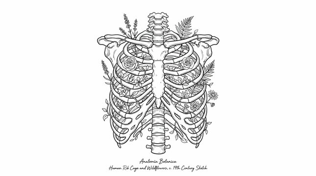 Anatomical Human Rib Cage Filled with Delicate Wildflowers and Ferns.