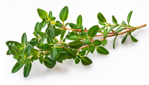 Fresh Green Thyme Sprig With Tiny Oval Leaves And Golden Stem Beautifully Detailed Isolated On Transparent Background