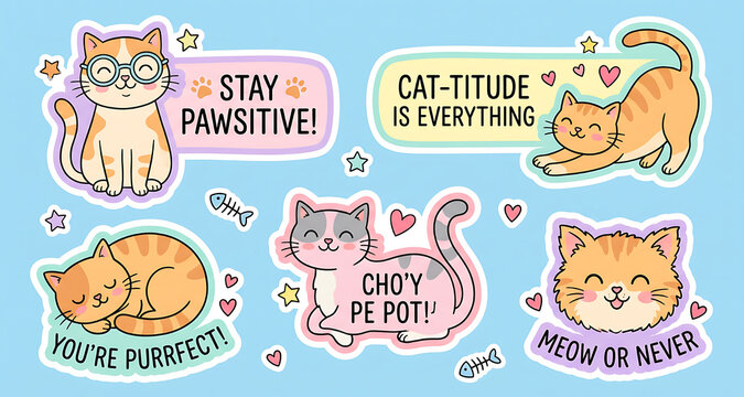 Set of cute cartoon cat stickers with playful pun slogans on a blue background