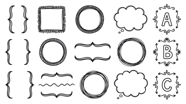 Collection of Hand-Drawn Decorative Elements Including Brackets, Frames, Circles, and Speech Bubbles.