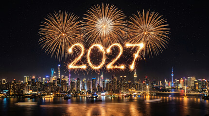 Obraz premium Sparkling 2027 New Year Fireworks Over Modern Illuminated City Skyline at Night