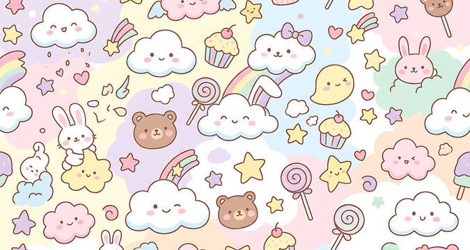 Seamless kawaii pattern with smiling clouds rainbows bunnies bears stars and lollipops in pastel