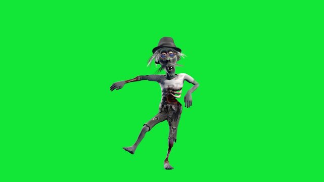 Funny and creepy zombie dancing isolated on a green screen. Halloween 3D animation for greeting cards, invitations, posters, holiday events, parties