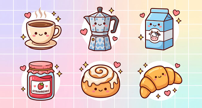 Cute kawaii breakfast stickers with coffee moka pot milk carton jam cinnamon roll and croissant