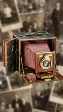 Vintage Antique Folding Bellows Camera with Brass Lens Against Blurred Old Sepia Photographs Background