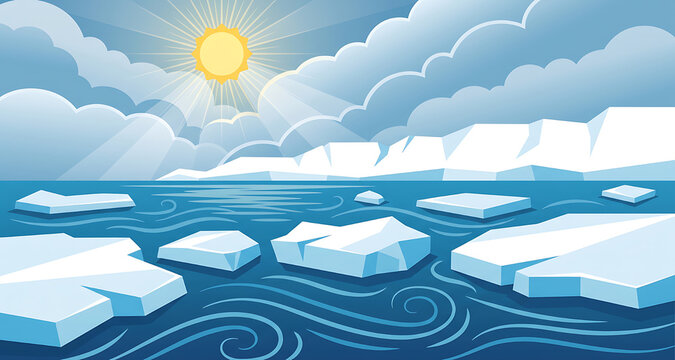 Flat vector style illustration of arctic icebergs floating in blue ocean water under the sun