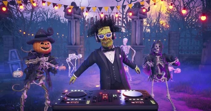 Funny Frankenstein DJ playing music and dancing with skeletons and pumpkins at a spooky night cemetery party. Humorous 3D animated Halloween scene for holiday greeting cards, event invitations