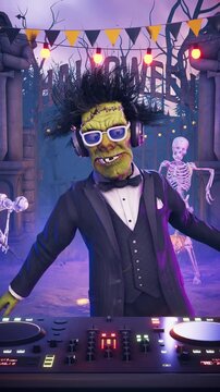 Funny Frankenstein DJ playing music and dancing with skeletons and pumpkins at a spooky night cemetery party. Humorous 3D animated Halloween scene for holiday greeting cards, event invitations