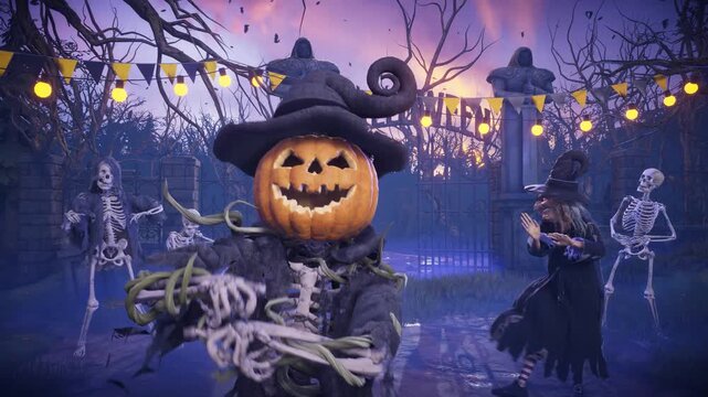 Scary pumpkin Jack O&rsquo; Lantern dancing with a skeletons. 3D animation of a Halloween party in a spooky graveyard.