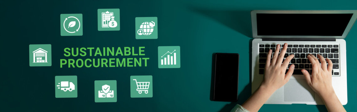 A laptop with hands typing, surrounded by icons representing sustainable procurement, emphasizes the importance of ethical practices in modern business strategies. Ledger