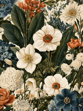 Vintage poster botanical illustration floral arrangement with winter color palette