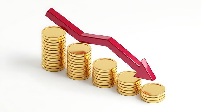Stacks of gold coins with a red arrow indicating a financial downturn