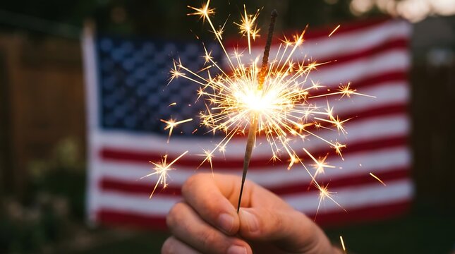 Handheld sparkler burning brightly against a blurred american flag backdrop
