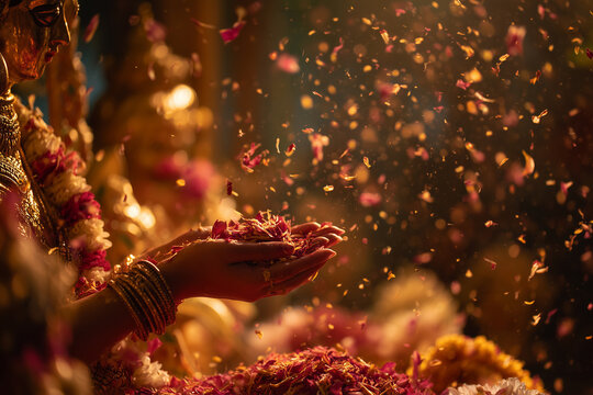 Devotees offering flowers and sindoor to Durga during Navratri puja.
