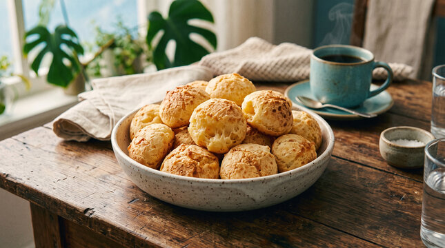brazilian cheese bread pao de queijo in a ceramic dish on wooden table